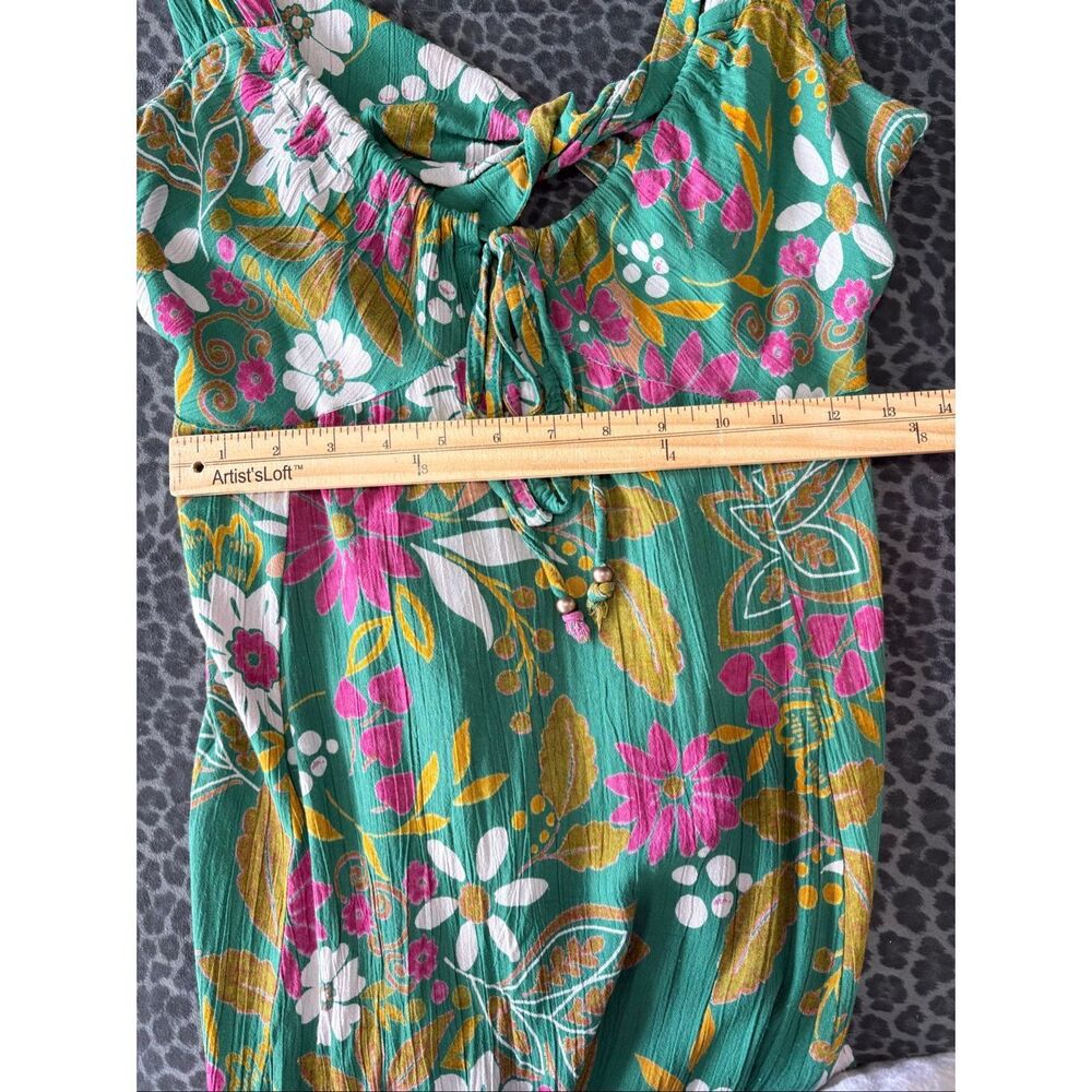 Angie Floral Boho Midi Dress Size S Green Pink Rayon Cottagecore Slip Milkmaid - Picture 7 of 8
